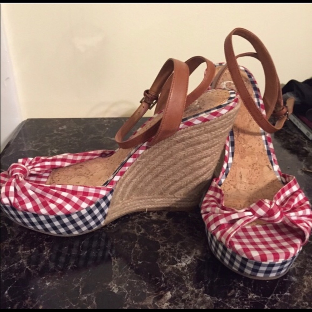 GIANNI BINI Red/Blue Checkered Ankle Wrap Wedges - Picture 2 of 7
